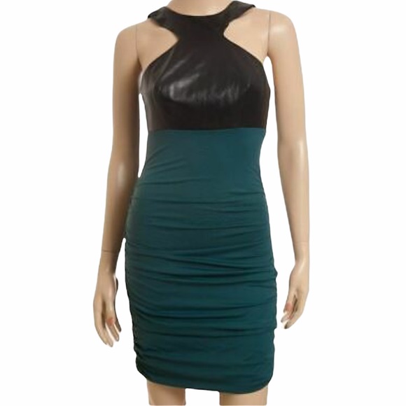 NWT LA PINA by DAVID HELWANI LINDSEY Mixed-Media Ruched Dress w Leather XS - Picture 6 of 10
